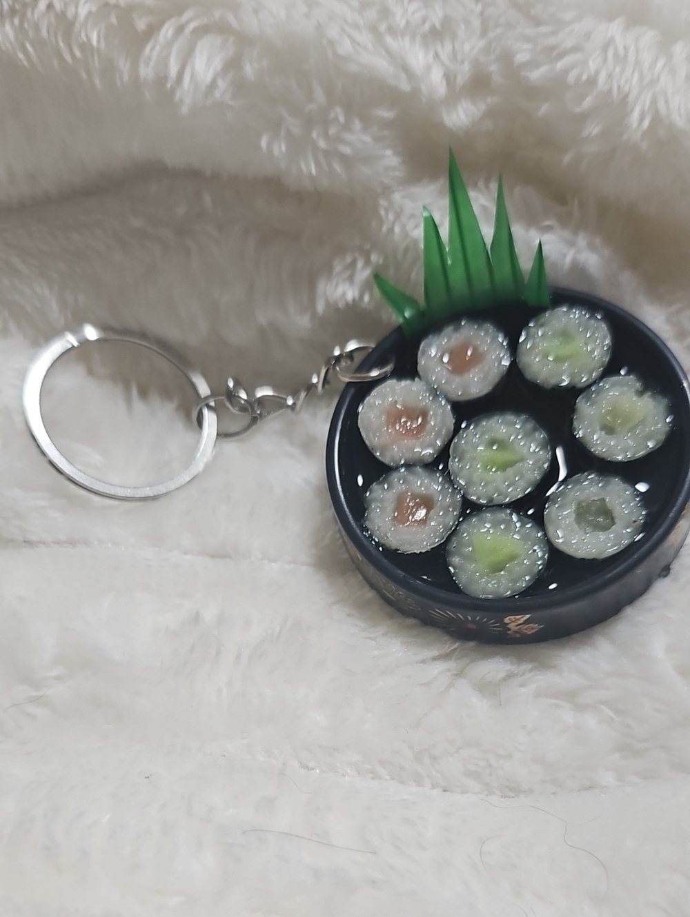 Source Unknown Black Sushi Roll Keychain with Green Accent